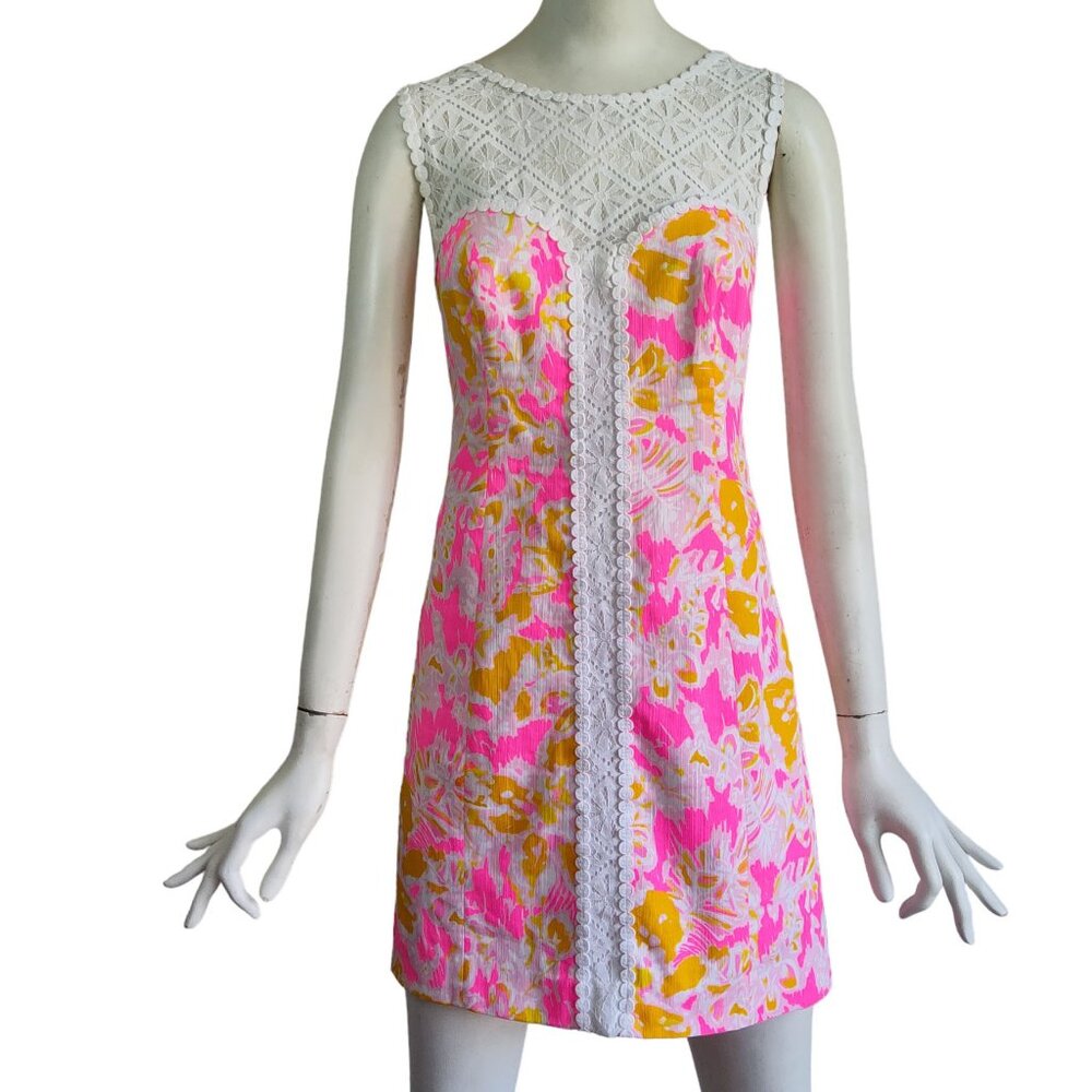 LILLY PULITZER Sofia Ooh La La Tropical Print Lace Yoke Cotton Mini Dress Sz 4